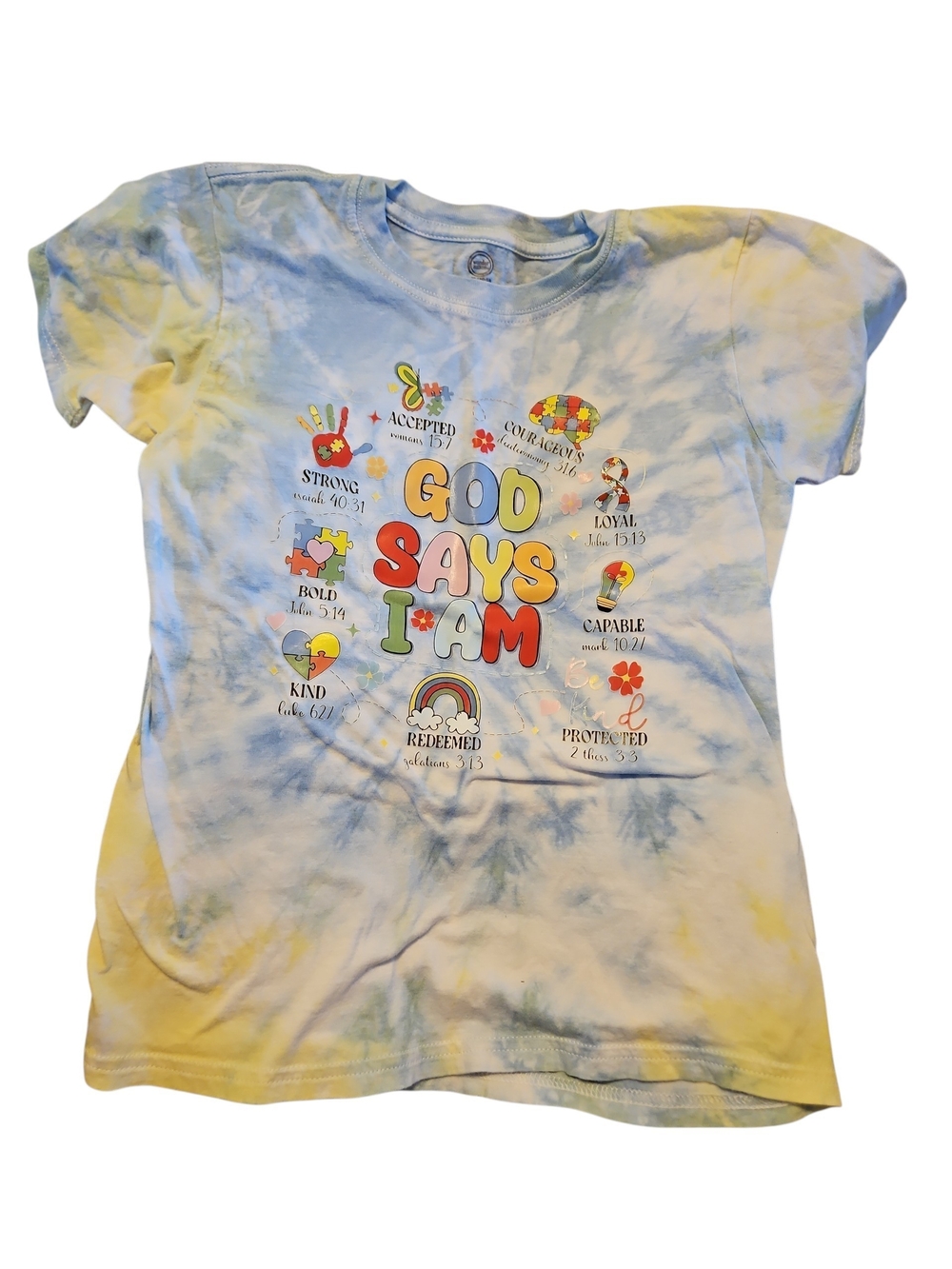 Kids "God Says I Am" Tie-Dye Graphic Tee - Blue & Yellow Wonder Nation Size 10